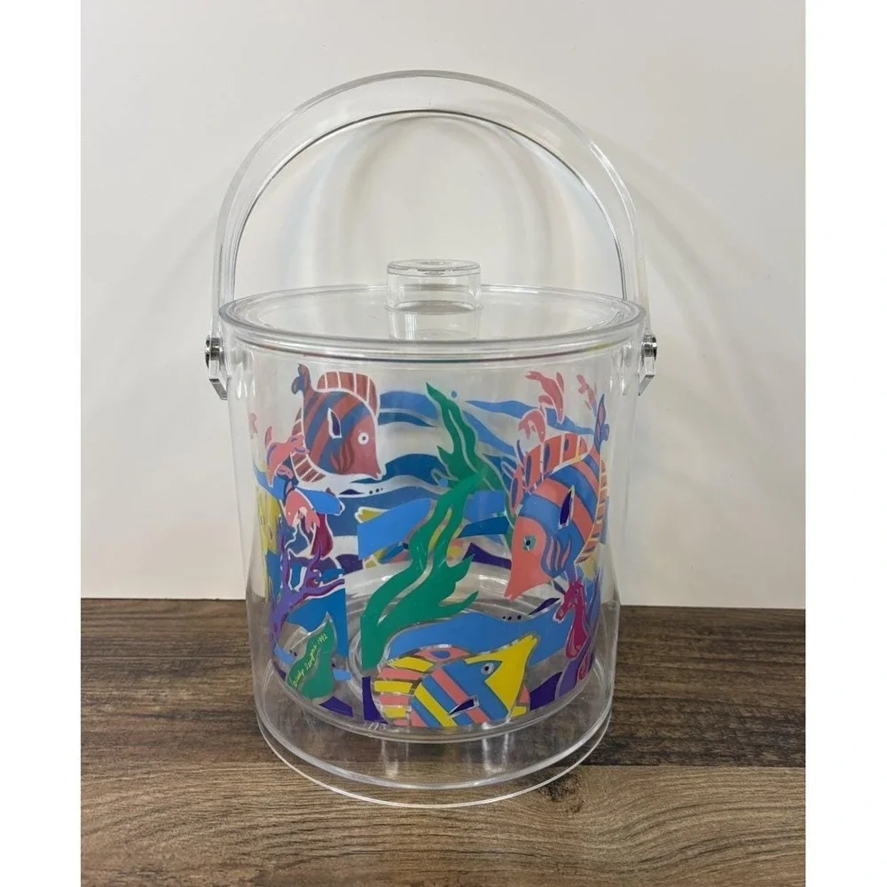 Vintage Lucite Acrylic Ocean Fish Themed Colorful Ice Bucket Tropical Pool Beach